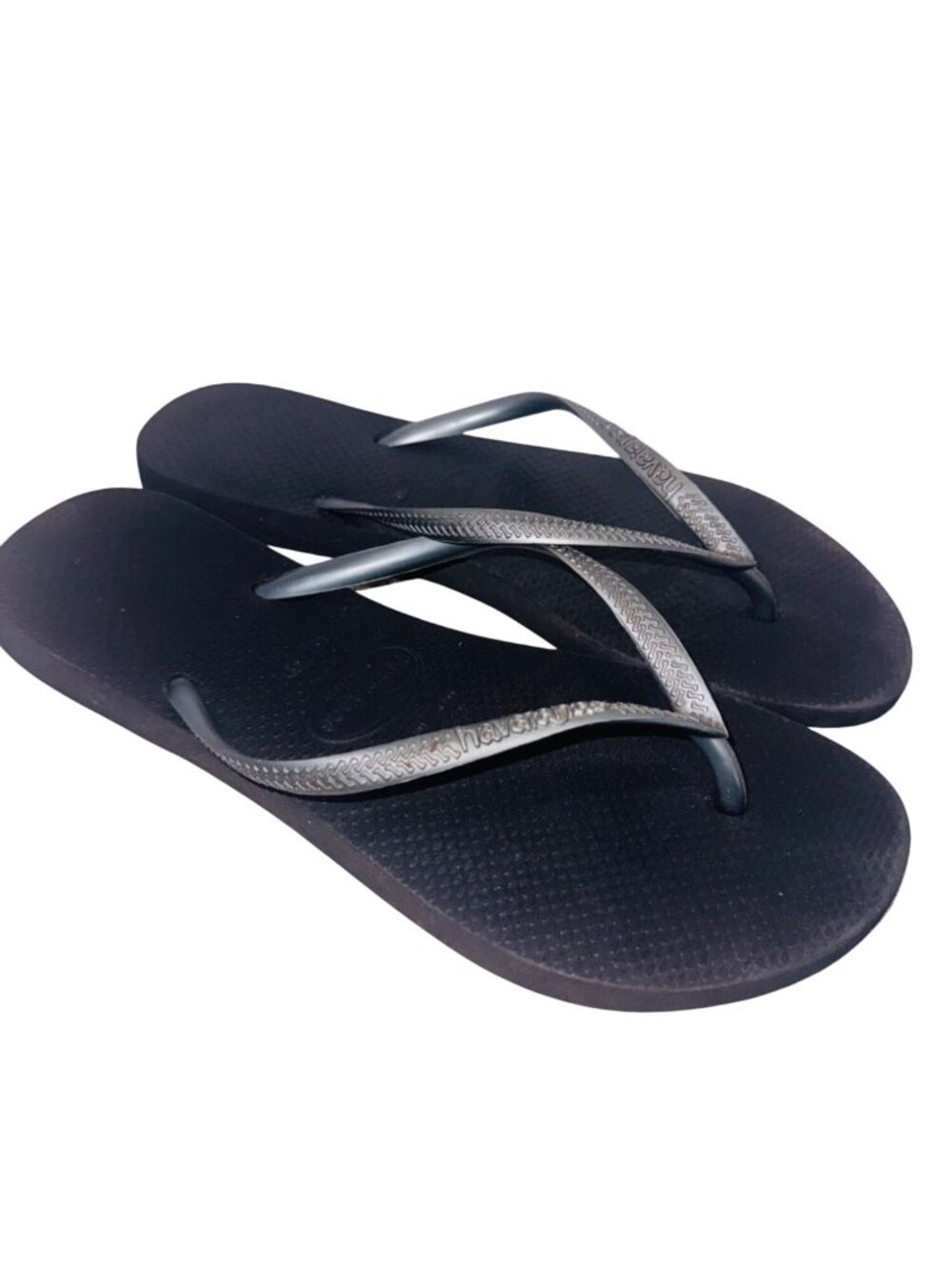 Havaianas Slim Flip Flops Black Silver 41/42 or 9.5 Thong Casual Beach Sandals